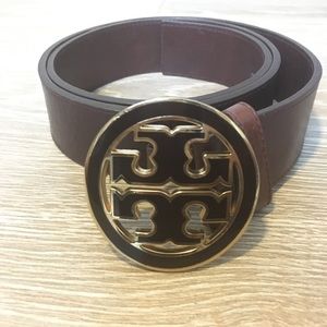 Tory Burch Logo Brown and Gold Leather Belt